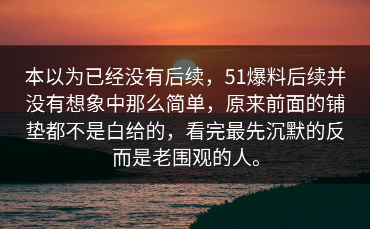 本以为已经没有后续，51爆料后续并没有想象中那么简单，原来前面的铺垫都不是白给的，看完最先沉默的反而是老围观的人。